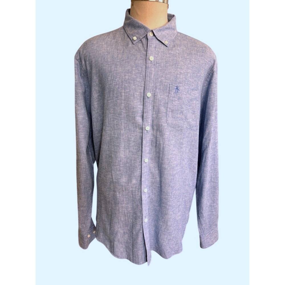 Original Penguin Mens XL Light Blue Chambray Button Down Shirt Long Sleeve Logo